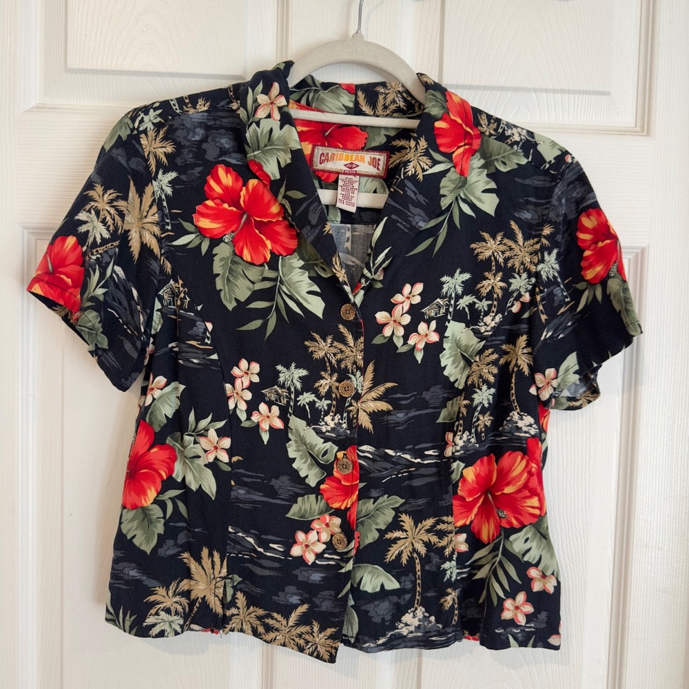 Caribbean Joe Womens PM Petite Medium Tropical Hibiscus Palm Tree Rayon Shirt